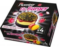 Plombir Black Burger, Eis mit Mangogeschmack mit Drachenfruchtsauce in Brioche Brötchen 340g