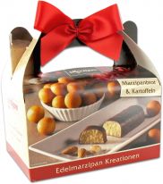 Odenwälder Marzipan Christmas Geschenkbox (Henkelkorb) Herbst Winter, gefüllt mit Kartoffeln 130g und Marzipanbrot 50g